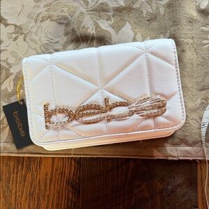 Bebe White Quilted Clutch with Gold Accents Crossbody Designer Handbag Purse $89
